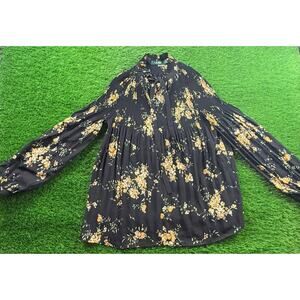 Ralph Lauren Women’s Floral Pleated Top Sz M Black Yellow Long Sleeve Blouse